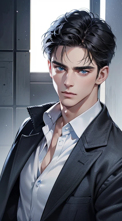 (best quality, masterpiece, 8K, photorealistic, cinematic lighting, 1:4 hdr image, ultra detailed, beautiful image), a mature man, 34 years very handsome, ((cold expression)), short black hair, blue eyes, face perfect without mistakes, ((buttoning his jacket, CEO))