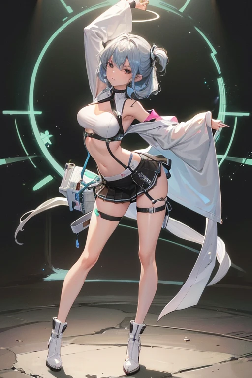 Sexy 20 year old girl, revealing sexy clothes, Exposes a lot of skin, Tight mini skirt, Revealing clothes, full Body shot,  Body, arching back, Lighting g0thicPXL, Luminescence, neon