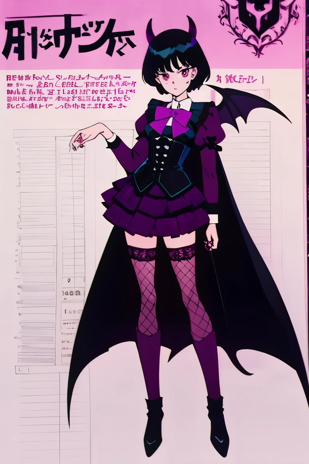 masterpiece, high quality, best quality, (concept art, official art,full body) (three sided view:1.3), ((character design sheet, same character, front, side, back)), virtual youtuber, girl, short black hair, straight bangs, magenta slanted eyes, fangs, black nails, puffy shirt, big bowtie, corset, skirt, stockings, boots, goth outfit, black long fingerless gloves, GothGal, (fishnet stockings, gothic print:1.25) girl wearing a GothGal outfit, large boots, high heel, girl wearing a black leather garterbelt and (multiple leather straps, multiple iron chains attached to rings:1.125), ((devil wings and devil tail)), simple background, highly detailed fine art, (finely detailed beautiful eyes and detailed face), delicate depiction of facial features