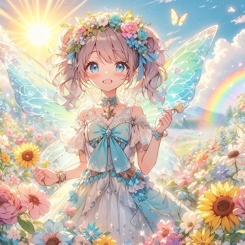 (Exquisite, beautiful, Very detailed, masterpiece, high quality,High resolution),(A cute design illustration of a beautiful dress in a rich deep blue color with blue to purple pleochroic colors drawn with soft thin lines and aquamarine gemstones in the background),A beautiful girl with translucent fairy wings is wearing a long princess-line dress with a bright purple draped peplum on the bottom of the corset, decorated with ribbons and aquamarines, and a long white pannier underneath. The corset is decorated with aquamarines., A lovely, fantastical princess dress inspired by aquamarine.,