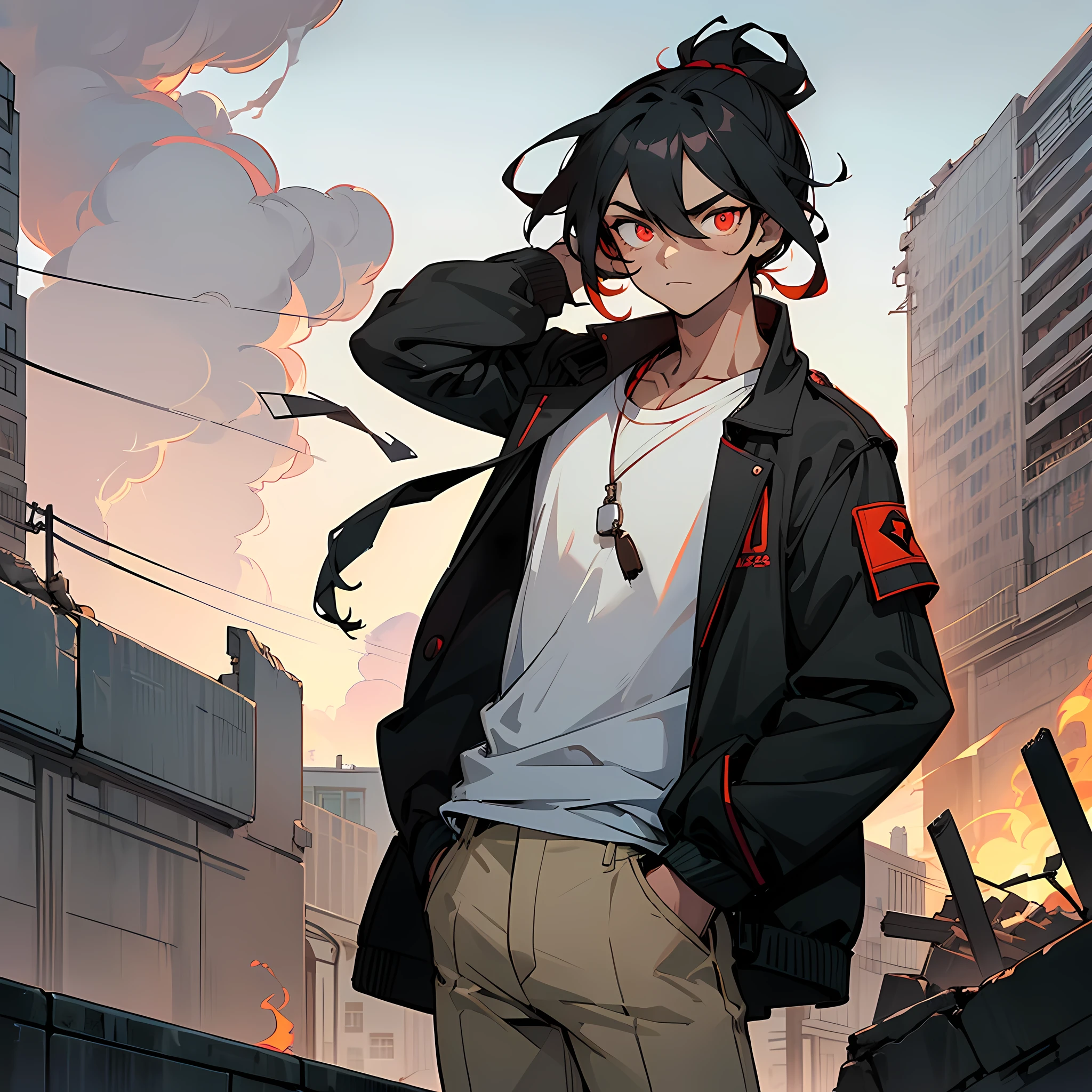 ((masterpiece,best quality,1boy,jewelry,male focus,looking at viewer,solo,closed mouth,sunglasses,muscular,muscle,teenager))

black ponytail,male ponytail,tied up hair,dreads,((((bright red eyes,perfect eyes,glowing eyes,perfect face,calm demeanor)))),((modern clothing,black jacket,white undershirt,khaki pants)),dark skin color,standing still,caramel skin color,hands in pocket

((street level background,street,broken buildings,smoke clouds,cloudy sky,afternoon))