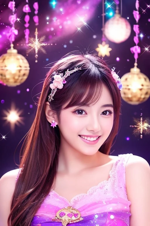 The background is hard space war、The main background colors are purple and pink、Add some zodiac sign inspiration to the background、Smile、
Bewitching beauty、very sexy young perfect Japanese