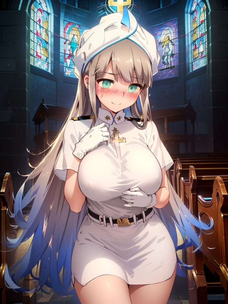gran calidad ++ Extremely detailed high resolusionolution, very aesthetic, ojos expresivos, (((Cara perfecta))), (((face symmetrical))), ((good anatomy)), (((manos perfectas))), (((8k))), UHD, Fondo de pantalla HD, (((alta calidra detallada, (((((1man)))))), solamente, Obra maestra, La mejor calidad, high resolusion, Altamente detallado, (illustration), hermosos ojos detallados, (((combatant))), (((((1person))))), captain nemo \(fate\), (((narrow waist))), (((gigantic breasts)), (((spredding legs))), blonde hair, blue hair, multicolored hair, gradient hair, bangs, blunt bangs, green eyes, very long hair, hair down, (((otoko no ko))), bridal gown, white dress, wedding ring, long white gloves,  solo, standing, surprised, upset, (((blush)), smiley face, indoors, (((church background))), (((tight shirt))),