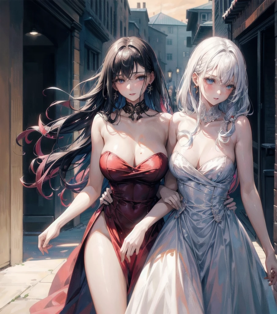 (((yuri))), (((2 girls))), ((evening dress, strapless)), absurdres, RAW photo, extremely delicate and beautiful, masterpiece, Best Quality, ultra high resolution, 32k, hyperrealistic, ultra-detailed, detailed description, perfect anatomy, pale skin, 20 years old, detailed beautiful face and eyes, tearful mole, earring, short medium hair, wavy hair, random colored hair, whole body shot, colossal tits,