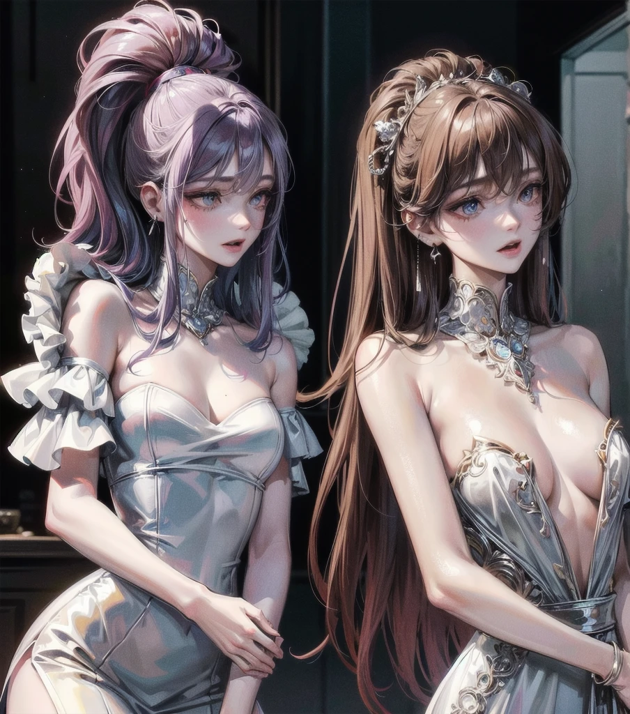 (((yuri))), (((2 girls))), ((evening dress, strapless)), absurdres, RAW photo, extremely delicate and beautiful, masterpiece, Best Quality, ultra high resolution, 32k, hyperrealistic, ultra-detailed, detailed description, perfect anatomy, pale skin, 20 years old, detailed beautiful face and eyes, tearful mole, earring, short medium hair, wavy hair, random colored hair, whole body shot, colossal tits,