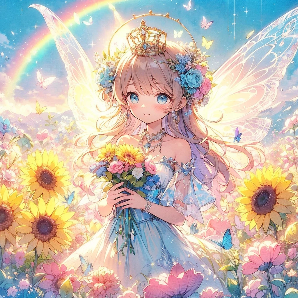 (Exquisite, beautiful, Very detailed, masterpiece, high quality,High resolution),(A cute design illustration of a beautiful dress in a rich deep blue color with blue to purple pleochroic colors drawn with soft thin lines and aquamarine gemstones in the background),A beautiful girl with translucent fairy wings is wearing a long princess-line dress with a bright purple draped peplum on the bottom of the corset, decorated with ribbons and aquamarines, and a long white pannier underneath. The corset is decorated with aquamarines., A lovely, fantastical princess dress inspired by aquamarine.,