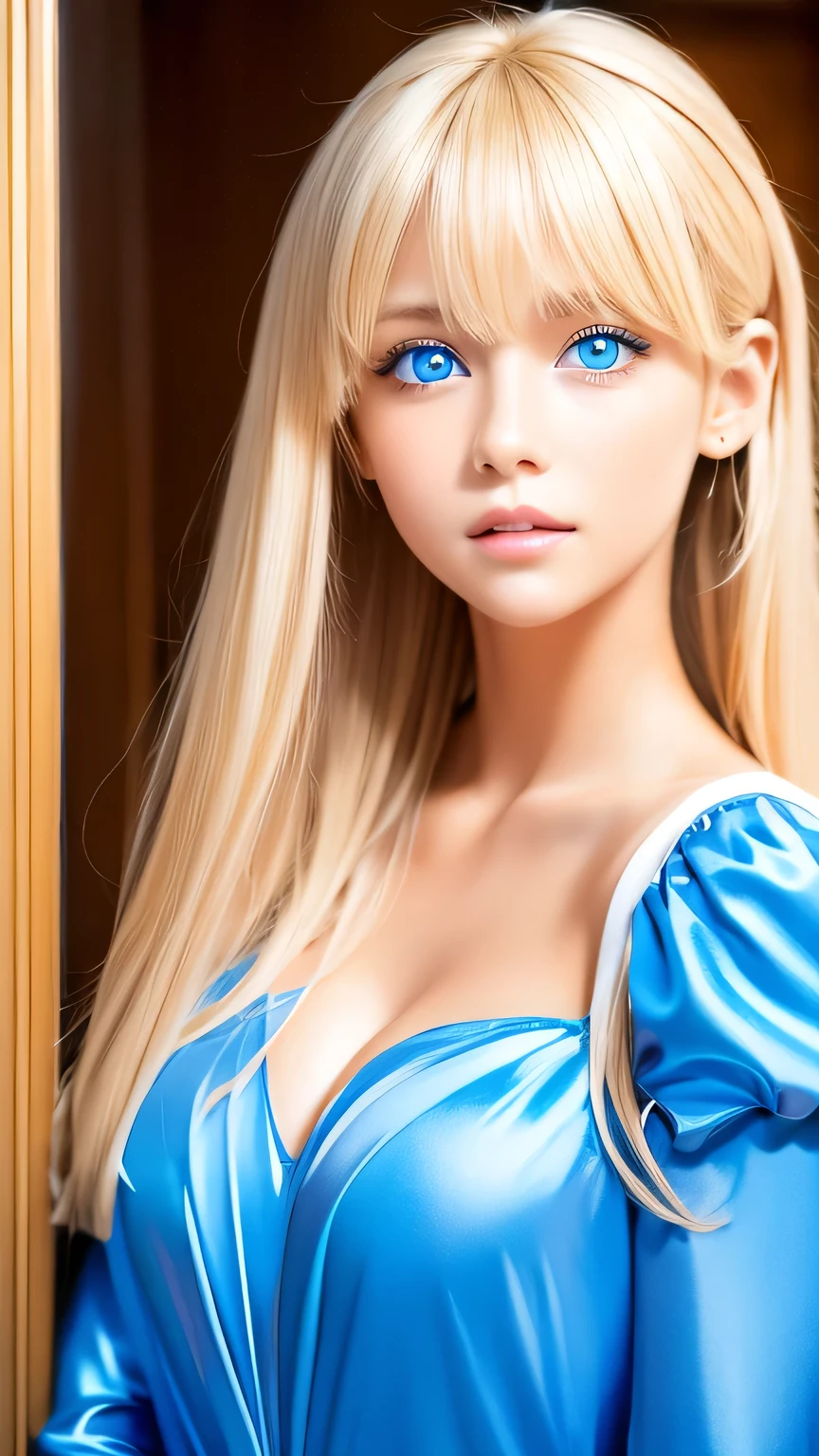 Face focus, Crazy for love,   , Frilled Summer Dress,  Very beautiful blonde Scandinavian girl,  Overwhelmingly beautiful, Beautiful shiny super long straight blonde silky hair、Blonde bangs over the eyes、Blonde hair over one eye、Blonde hair between the eyes、Has cleavage, Arms behind head,   Low contrast, (Shy and cheerful expression:0.8), Hair Scrunchie,  highest quality, Ultra-high resolution, Realistic photos, Very detailed, 8K, Raw photo, Perfect Anatomy、so beautiful, The Shining, Very bright light blue eyes、Very big eyes、Small Face Beauty