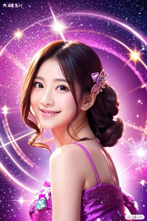 The background is hard space war、IMAGE is fortune、The main background colors are purple and pink、Add some zodiac sign inspiration to the background、Smile、
Bewitching beauty、very sexy young perfect Japanese