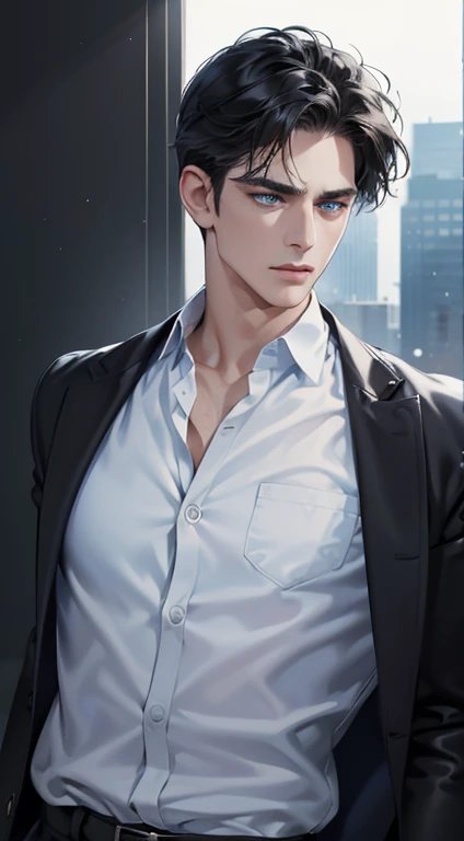 (best quality, masterpiece, 8K, photorealistic, cinematic lighting, 1:4 hdr image, ultra detailed, beautiful image), a mature man, 34 years very handsome, ((cold expression)), short black hair, blue eyes, face perfect without mistakes, ((buttoning his jacket, CEO))