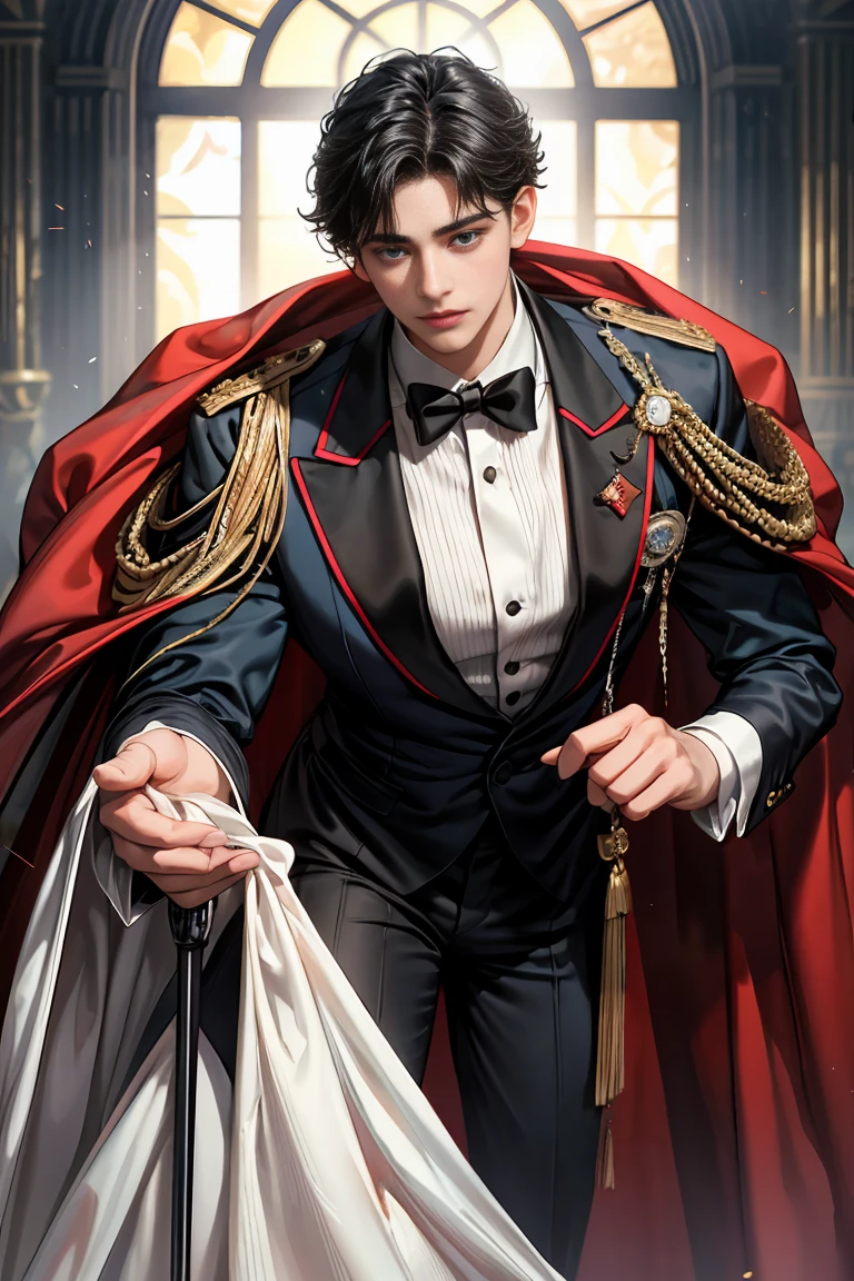masterpiece, 最high quality, high quality, 1 boy, alone, Male focus, Watching the audience, Messy black hair, Adorable big blue eyes, White, Noble, Noble,Sexy voluminous cape、Tuxedo、A very voluminous, large, very large, very large, long, long red and black cape with a high stand-up collar, reaching down to the floor, made of a lot of fabric., 17 years old,Cute beautiful boys,Cute, cute, kind, handsome guy
