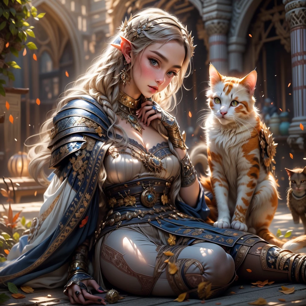(one person with a cat) (hyperrealistic) (masterpiece) (4k) one adult female elf with dark blonde hair, forehead, wearing medieval clothes and silver armor playing with a big orange-white cat with orange-green eyes, medieval nature background, sword, books, medieval place, nature, elf with her pet, one elf and one cat, old medieval
