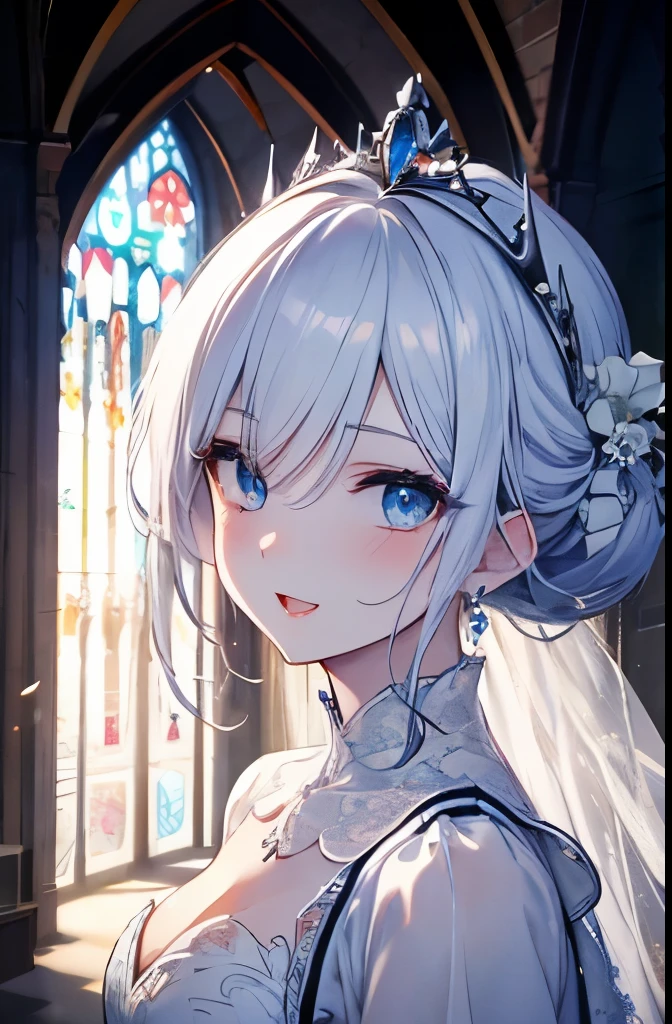 masutepiece, Highest Quality, (Perfect face:1.1), (high detailing:1.1), (ultradetailed eyes), Dramatic, superfine illustration, Extremely detailed, 1girl in, (pale skin), long white hair, Ethereal eyes, Blue eyes,Solo,Smile, Happy, Laugh, Enjoy, Open mouth, Pouty lips,Cinematic lighting, Looking at Viewer, Cowboy Shot,Blue wedding dress,bouquet,indoor, Church, Tiara,long white gloves, Chignon