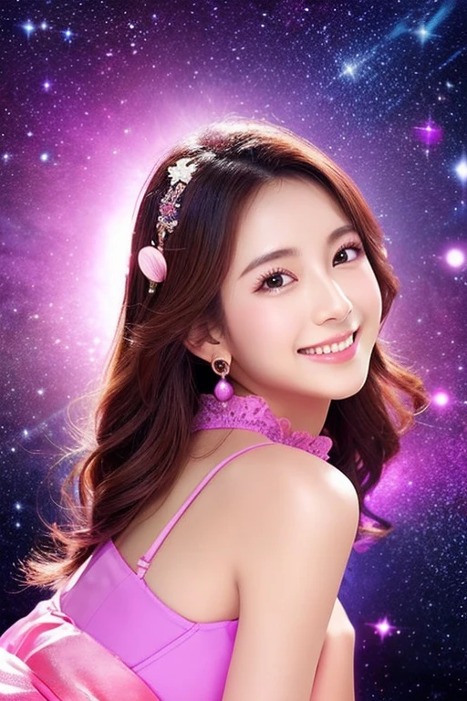 The background is hard space war、IMAGE is fortune、The main background colors are purple and pink、Add some zodiac sign inspiration to the background、Smile、
Bewitching beauty、very sexy young perfect Japanese
