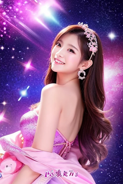 The background is hard space war、IMAGE is fortune、The main background colors are purple and pink、Add some zodiac sign inspiration to the background、Smile、
Bewitching beauty、very sexy young perfect Japanese