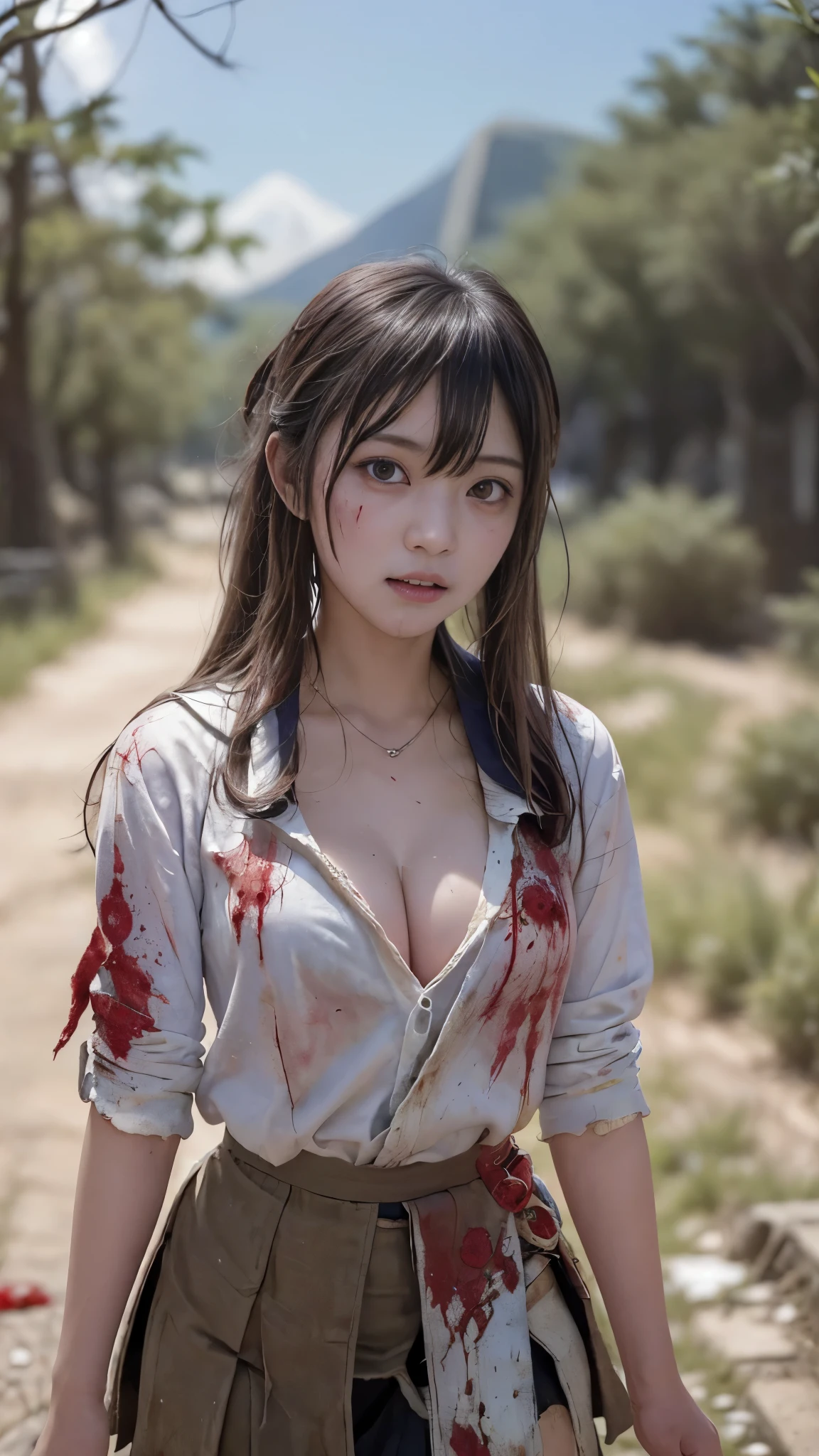 (8K, RAW Photos, highest quality, masterpiece:1.2), (Realistic, Photorealistic:1.37), Ultra-detailed, 超A high resolution, (Heroine of the movie Battle Royale), (A beautiful -yeld Jaese high school student desperately fleeing from enemies on a deserted island), ((The first expression of pleasure in her life:1.5)), , (Torn and shabby sailor suit:1.5), Disheveled clothing, Torn cloth, (Heavily bloodstained clothing:1.5), Short pleated skirt, (torn skirt:1.5), Dirty Hair, Dirty Face, Dirty Skin, (Skin covered in blood:1.5), Beautiful breasts, Cleavage, Riding on mountain roads, Stunningly beautiful face, Dynamic Angle, Dynamic Lighting, ((Holding a machete:1.4)), (Detailed eyes and face), (Detailed hands and legs), (Perfect Anatomy)