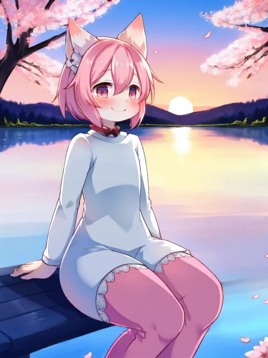 sakuramiku, upper body, smile, blush, sitting, ((cherry blossoms)), ((pink sleeve)), pink tone, ((pink stockings)), pink sky, sunset, lake, reflection