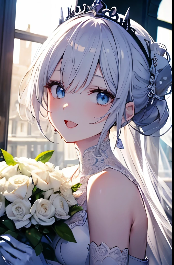 masutepiece, Highest Quality, (Perfect face:1.1), (high detailing:1.1), (ultradetailed eyes), Dramatic, superfine illustration, Extremely detailed, 1girl in, (pale skin), long white hair, Ethereal eyes, Blue eyes,Solo,Smile, Happy, Laugh, Enjoy, Open mouth, Pouty lips,Cinematic lighting, Looking at Viewer, Cowboy Shot,Blue wedding dress,bouquet,outdoor, Church, Tiara,long white gloves, Chignon