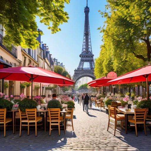 high quality,Realistic photoasterpiece， Vibrant street artists, French bakery offering fresh croissants, Stylish Parisian fashion, Beautiful boat cruise on the river, An elegant Parisian landmark, Breathtaking city views, Vibrant street market, Portrait painter, Narrow streets full of history and charm, The Magnificence of Notre Dame Cathedral, Street performer playing the accordion, Lively conversation at a local brasserie, Stylish Parisian architecture, An elegant bridge over the Seine, A spectacular display of macarons at a patisserie, The rich aroma of freshly brewed coffee, Vintage merry-go-round in the park, Sculptures and art installations in public spaces, A charming bookstore where you can enjoy books and coffee, View of an artist and his easel from Montmartre, Romantic sunset picnic by the river, The vibrant atmosphere of the Champs-Élysées, Cozy corner cafe with vibrant outdoor seating. (最high quality, High resolution, Very detailed), (Realistic, photoRealistic:1.37), Vibrant colors, Bright summer morning，Sparkling natural light.
