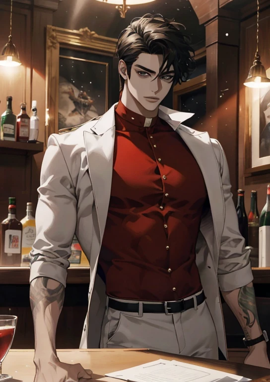 1 boy, smoking, detailed tattoos on arms, button up long sleeve shirt, wearing sunglasses, cold, wearing a suit coat, high resolution, 8k, masterpiece, maroon coat, dramatic lighting, chiaroscuro, moody atmosphere, cinematic, photorealistic, sharp focus, hyperrealistic, exquisite details, elegant, sophisticated, brooding expression, confident pose, edgy, urban, gritty, manhwa style.