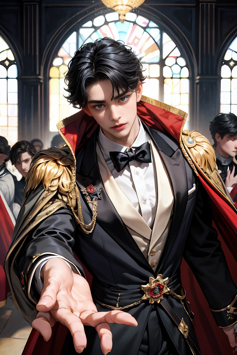 
masterpiece, 最high quality, high quality, 1 boy, alone, Male focus, Watching the audience,  Messy black hair, Adorable big blue eyes, White, Noble, Noble,Sexy voluminous cape、Tuxedo、A very voluminous, large, very large, very large, long, long red and black cape with a high stand-up collar, reaching down to the floor, made of a lot of fabric., ,Cute beautiful boys,Cute, cute, kind, handsome guy