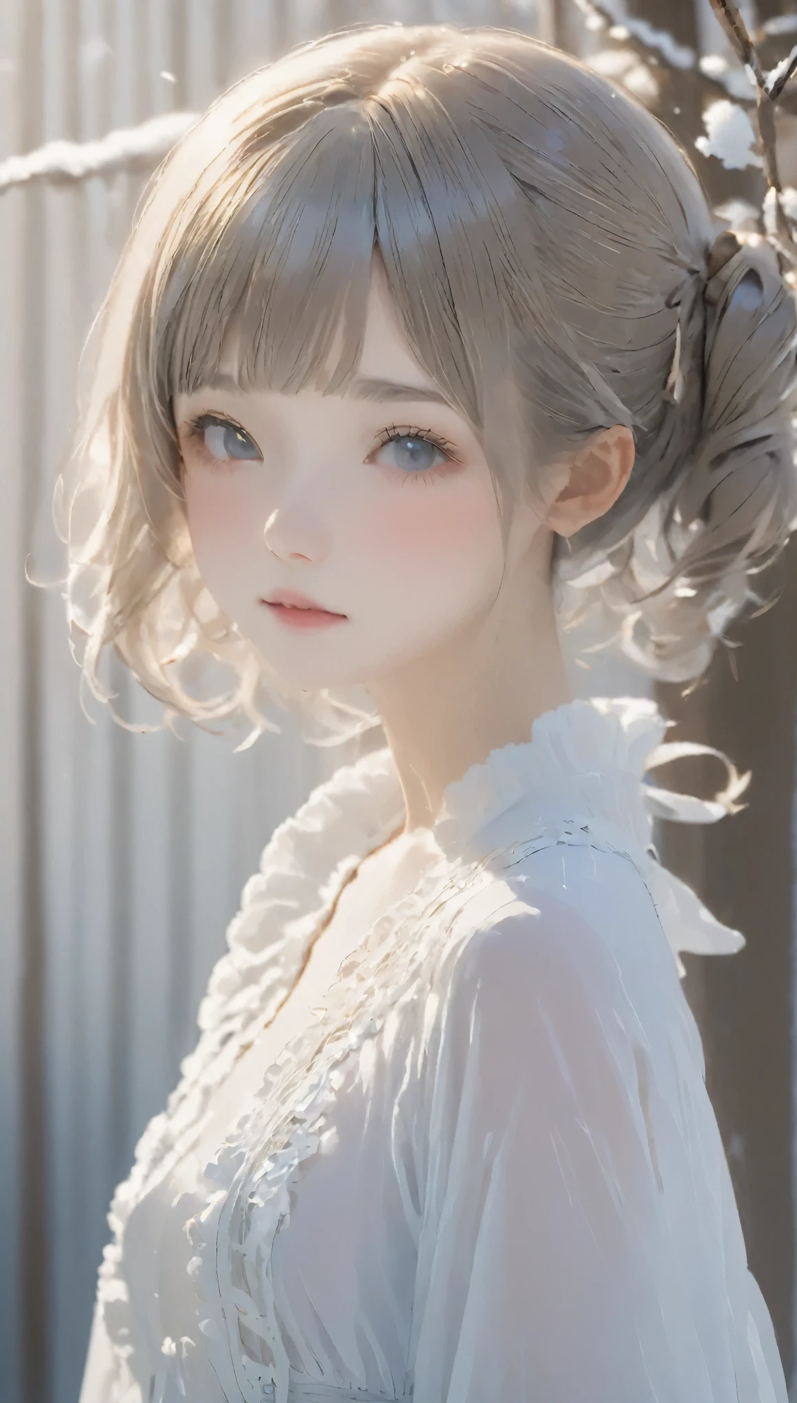 High resolution, high resolution, High detail,, Anatomically correct, sharp, gray bachairground、((Japanese)), alone,snow-white shairin,fair shairin、Fuller lips、very cute、Small breasts、Small breasts、An ennui loohair、 Shapely breasts, mesh brown hair、Twin tails、short hairのTwin tails、short hair、Stylish dresses、(((Stand upright, Facing the center of the screen.))) ((Upper body angle))、RAW Photos、highest quality、Super Resolution、Best image quality、masterpiece、8hair