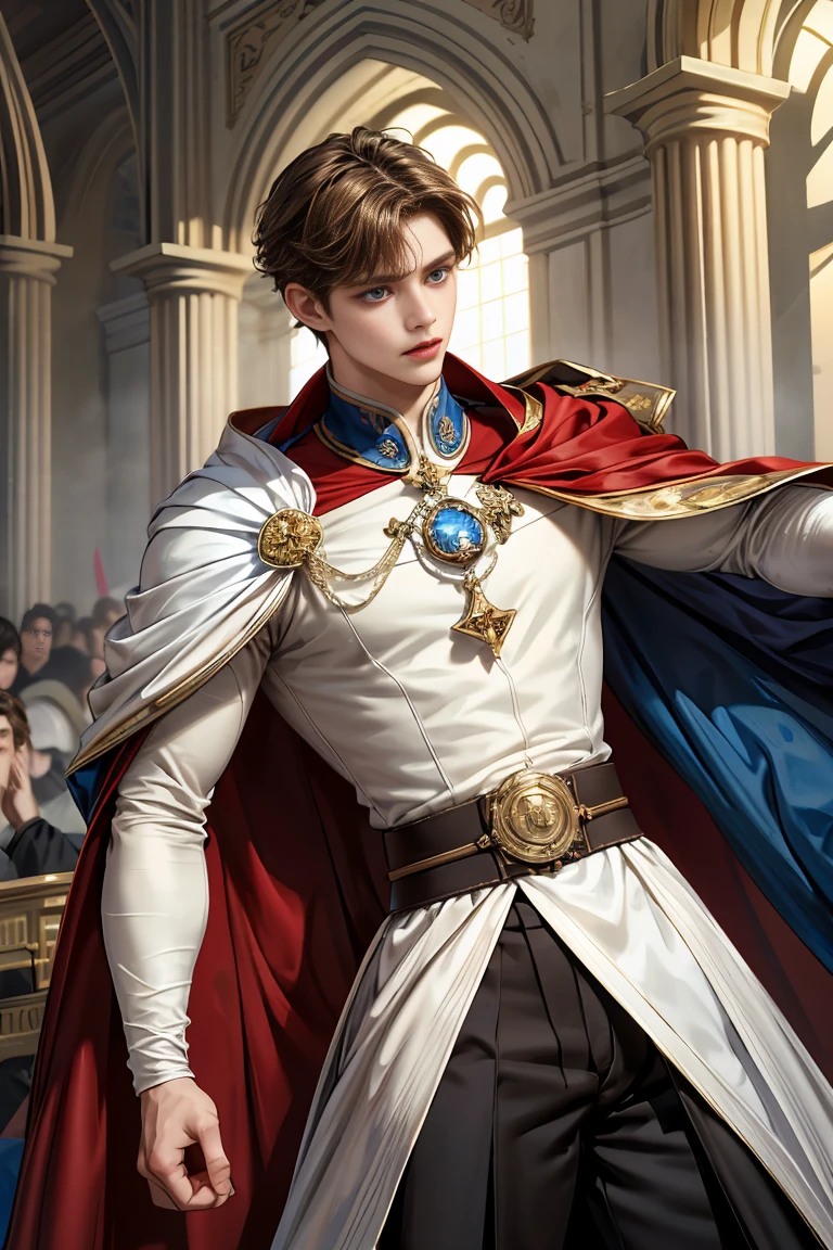 
masterpiece, 最high quality, high quality, 1 boy, alone, Male focus, Watching the audience,  Messy brown hair, Adorable big blue eyes, White, Noble, Noble, Sexy voluminous cape、A very voluminous, large, very large, very large, long, long red and black cape with a high stand-up collar, reaching down to the floor, made of a lot of fabric., 17 years old,Cute beautiful boys,Cute, cute, kind, handsome guy