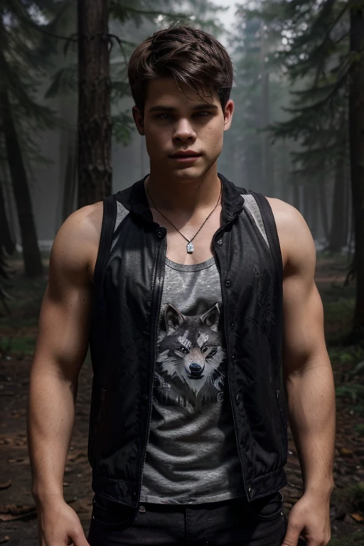 Charlie Carver, Max Carver, Wolf, 18 years old, short messy blonde brown hair, brown eyes, red tank top, sleeveless dark black jean jacket with wolf print, dark black jean pants, black combat boots. silver pendant, white wolf print. Forest background with fog aura around black color.