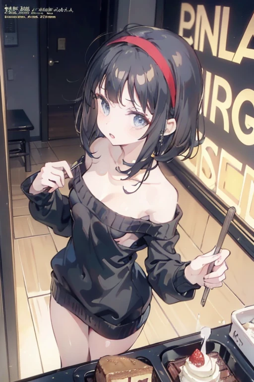 (small ???????:1.3), (perky ?????:1.1), (pointed ?????:1.0), (Pudding cake magazine cover:1.3)，(from above:1.0),(from side:0.9),masterpiece, 1girl, Amazing Cleavage:1.1, thin waist, big ???, Raised ????, small ??????: 1.3, posed cleavage:1.2、solo, looking at viewer, open mouth, have a cute grass of cute beergrass,black hair, dark green eyes, dress, ???? shoulders, jewelry, collarbone, sidelocks, hairband, earrings, indoors, off shoulder, :o, sweater, arms behind back, plant, short hair with long locks, gild hairband, off-shoulder dress, sweater dress, off-shoulder sweater, red sweater, dark gord hair, big side hair, very long side hair,is rendered in (masterpiece: 1.2, best quality), with (ultra high resolution) and an exquisite (depth of field). This masterpiece is not only visually stunning but also tells,A scene of cooking in the kitchen by classroom
