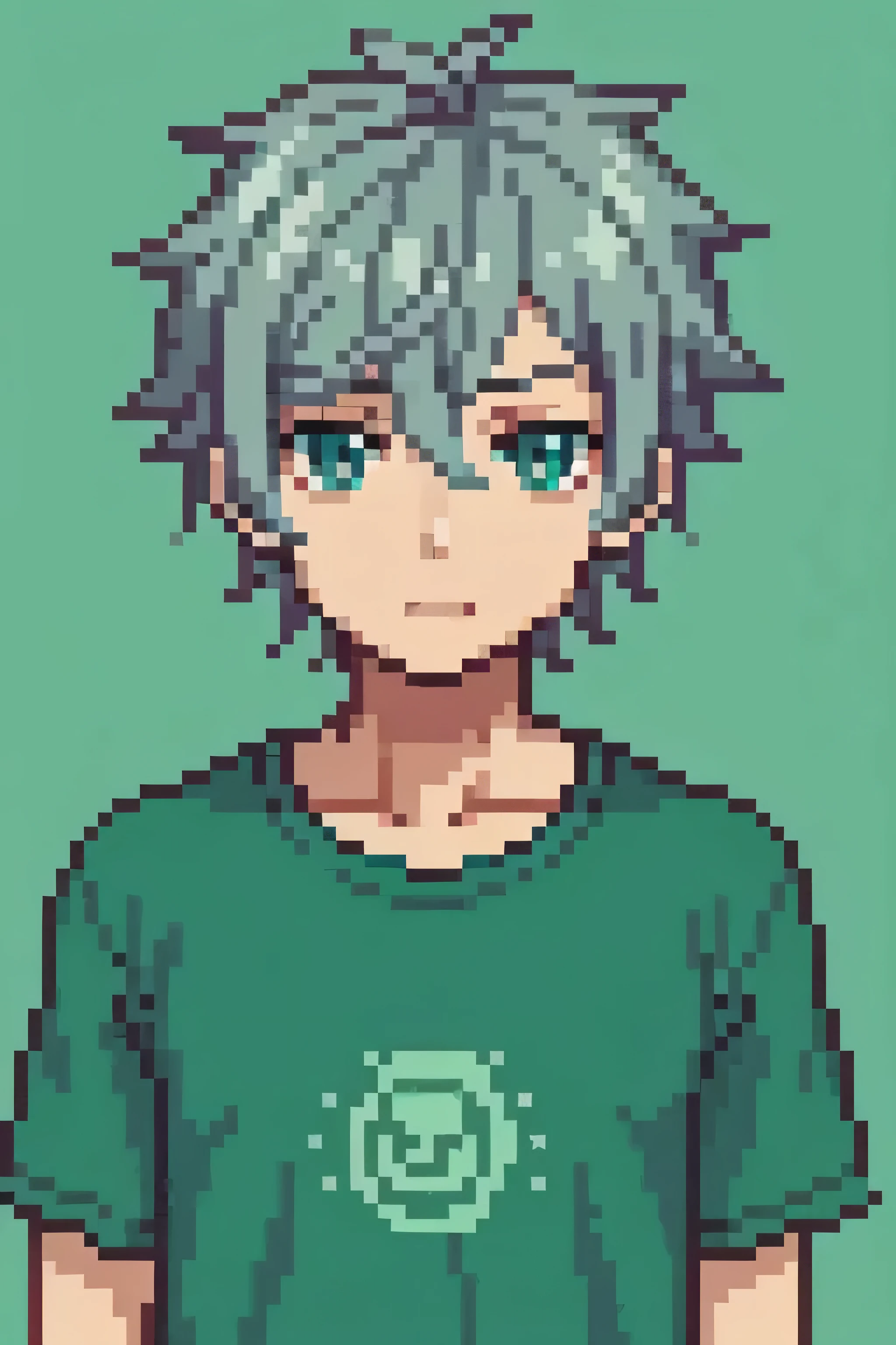 anime style boy, gray hair, aqua green t-shirt, dark circles, green background, happy