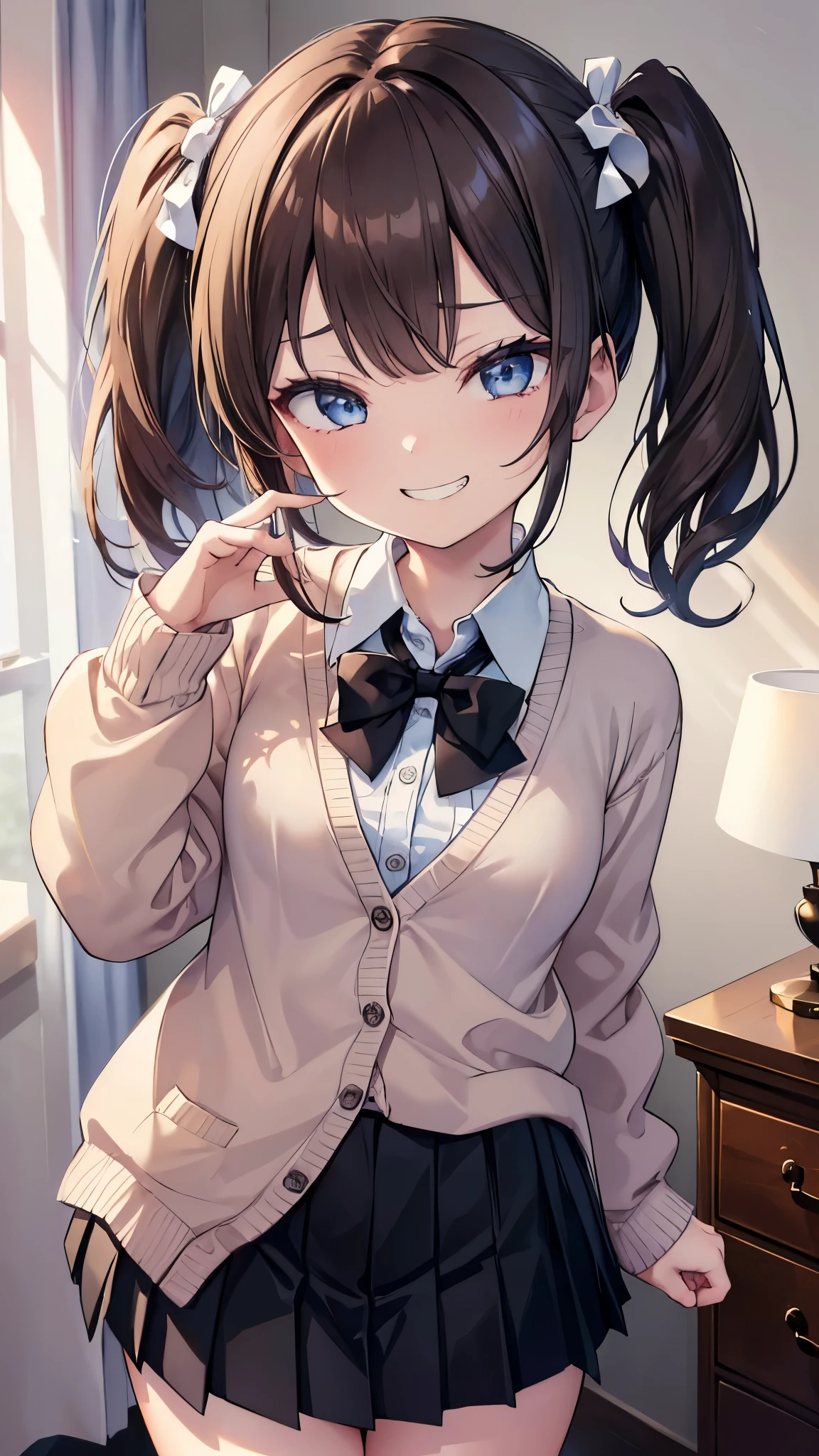 (8k、Best image quality、highest quality、masterpiece)、Detailed face、One girl、Black Hair、twintails、Light blue eyes、evil smile、((Grin))、Small breasts、((White collared shirt))、((brown cardigan))、A bow tie、((Black pleated skirt))、Cowboy Shot、Bedroom Background