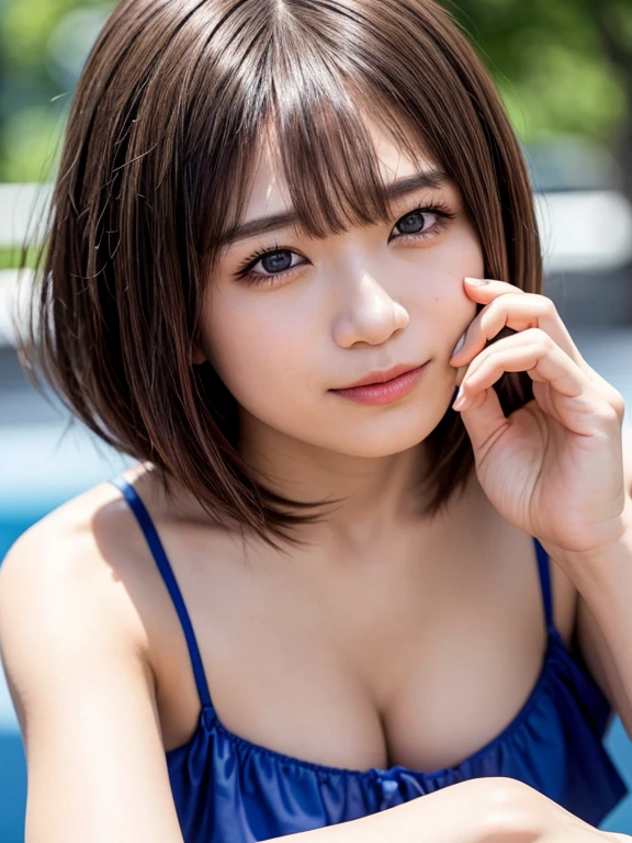 1 girl、25 year old Japanese、(正面下からのClose-up of face、Close-up of face、Small breasts、:1.4) 、(forward leaning posture:1.2)、(Bob cut、Showing his forehead:1.4)、Beautiful face exposed、Watching the audience、Smiling、Plain blue bikini、非常にDetailed eyesと顔, Detailed nose, Detailed eyes, Shiny skin, masterpiece, Ultra-high resolution, 8k, RAW Photo, highest quality, Detailed Shadows, wonderful, Fine details, (Bokeh: 0.5), Beautiful lighting on the face, blue sky