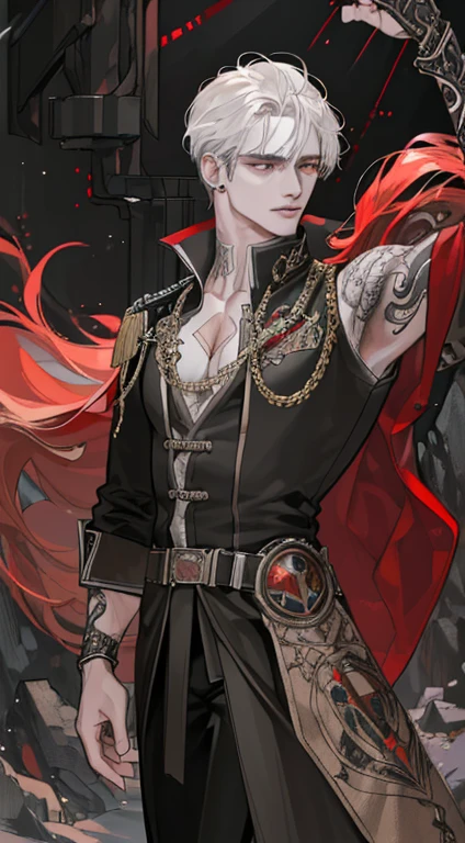(((8K, RAW photos, Best quality, tmasterpiece: 1.4))), Ultra-high resolution, ultra - detailed, lamplight, Close-up cleavage, Handsome men, gold eyes, (Detailed eyes, The eyes are bright:1.2), Medium long red hair, pale-skinned, ear piercings, Dark, Blackn clothes, Meticulous clothes, gold accessories on clothes, (perfect anatomia:1.2), Highqualityshadow, natural  lightting, (White highlights:1.2), natta, overcast day, (arm tattoos:1.2), (starrysky:1.2)，Masterpiece, high quality, best quality, HD, realistic, perfect lighting, detailed body, 1 man, dark White hair , face expression, black military suit, in the cave,