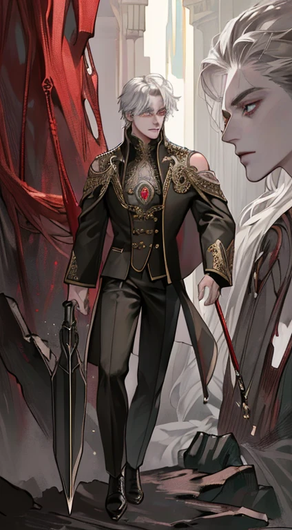 (((8K, RAW photos, Best quality, tmasterpiece: 1.4))), Ultra-high resolution, ultra - detailed, lamplight, Close-up cleavage, Handsome men, gold eyes, (Detailed eyes, The eyes are bright:1.2), Medium long red hair, pale-skinned, ear piercings, Dark, Blackn clothes, Meticulous clothes, gold accessories on clothes, (perfect anatomia:1.2), Highqualityshadow, natural lightting, (White highlights:1.2), natta, overcast day, (arm tattoos:1.2), (starrysky:1.2),Masterpiece, high quality, best quality, HD, realistic, perfect lighting, detailed body, 1 man, dark White hair , face expression, black military suit, in the cave,