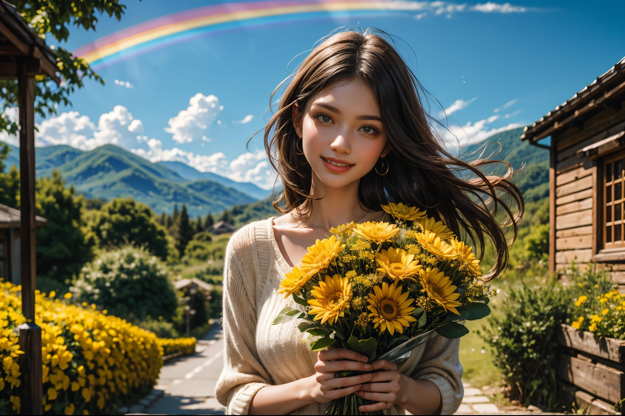 High resolution, high quality, super detailed. A woman is holding a bouquet of flowers. She is young and lively, with medium light brown hair and a very distinctive smile. The background is a gentle hill, a paradise like a bouquet, and above it is a rainbow in the clear sky with sunlight. Everything you see is mesmerizing and very soothing. A rare photo, the perspective of her and the scene is perfect, a perfection that even a professional photographer could only capture once in a lifetime.