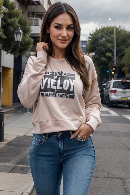 Nikki Bella dressed in sweatshirt and hyper-marked jeans in cloudy weather and smiling sexy
