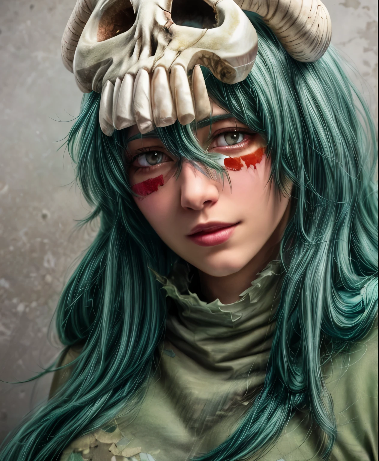 From a little (Bleach Anime), (Beautiful green eyes), Green Hair, Torn clothes, Long Hair,  Barefoot and small skull mask. Sexy tilt light, Sitting in a Ghost Haven - Desolate, A ruined town haunted by evil spirits.
photoRealistic, Small photo, masterpiece, Realistic, realism, photorealism, High Contrast, photoRealistic digital art trending on Artstation 8k HD high definition detailed Realistic, detailed, Skin Texture, hyper detailed, Realistic Skin Texture, Armature, highest quality, 超High resolution, (photoRealistic:1.4),, High resolution, detailed, RAW Photos, sharp, By Lee Jeffries Nikon d850 film stock photos 4 Kodak portra 400 camera f1.6 lens rich colors hyper Realistic lifelike texture dramatic lighting unrealengine trending on artstation cinestill 800