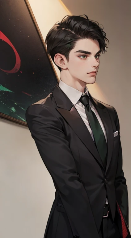 ((a young man in a black suit and tie)), taken in the early 2020s, gotham, alejandro, he looks very sophisticated, (((left side swept black short hair))), (dark green eyes and thick eyebrows), smirk. ((20 years old)), ((Black suite and black tie)), masterpiece, posture dynamic, one person, ((brown skin))