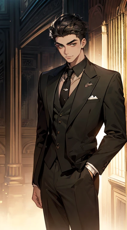 ((a young man in a black suit and tie)), taken in the early 2020s, gotham, alejandro, he looks very sophisticated, (((left side swept black short hair))), (dark green eyes and thick eyebrows), smirk. ((20 years old)), ((Black suite and black tie)), masterpiece, posture dynamic, one person, ((brown skin))