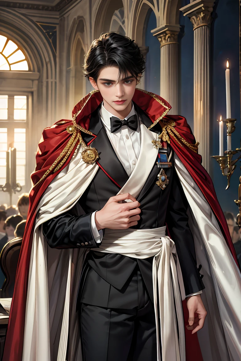 
masterpiece, 最high quality, high quality, 1 boy, alone, Male focus, Watching the audience,  Messy black hair, Adorable big blue eyes, White, Noble, Noble,Sexy voluminous cape、Tuxedo、A very voluminous, large, very large, very large, long, long red and black cape with a high stand-up collar, reaching down to the floor, made of a lot of fabric., ,Cute beautiful boys,Cute, cute, kind, handsome guy