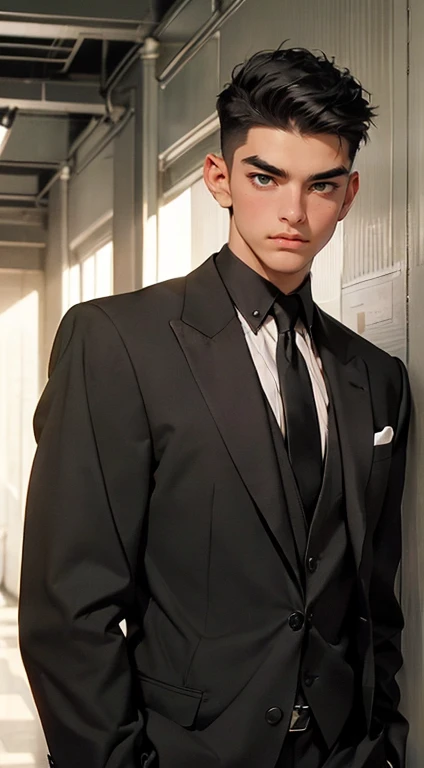 ((a young man in a black suit and tie)), taken in the early 2020s, gotham, alejandro, he looks very sophisticated, (((left side swept black short hair))), (dark green eyes and thick eyebrows), smirk. ((20 years old)), ((Black suite and black tie)), masterpiece, posture dynamic, one person, ((brown skin))