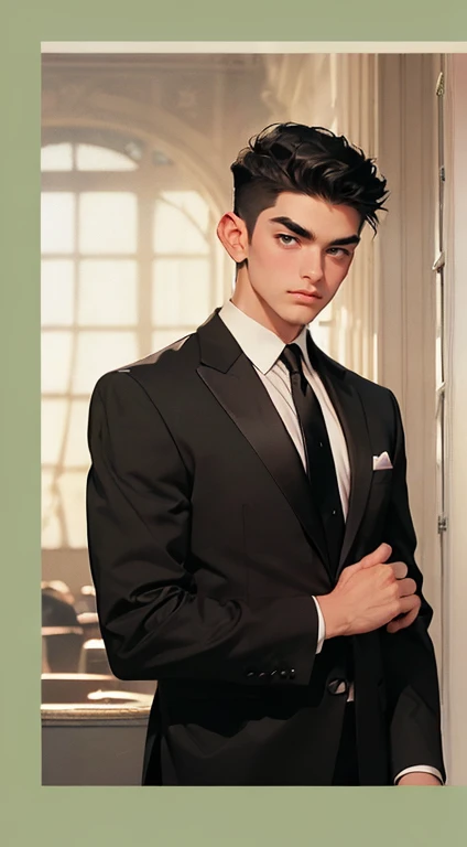 ((a young man in a black suit and tie)), taken in the early 2020s, gotham, alejandro, he looks very sophisticated, (((left side swept black short hair))), (dark green eyes and thick eyebrows), smirk. ((20 years old)), ((Black suite and black tie)), masterpiece, posture dynamic, one person, ((brown skin))