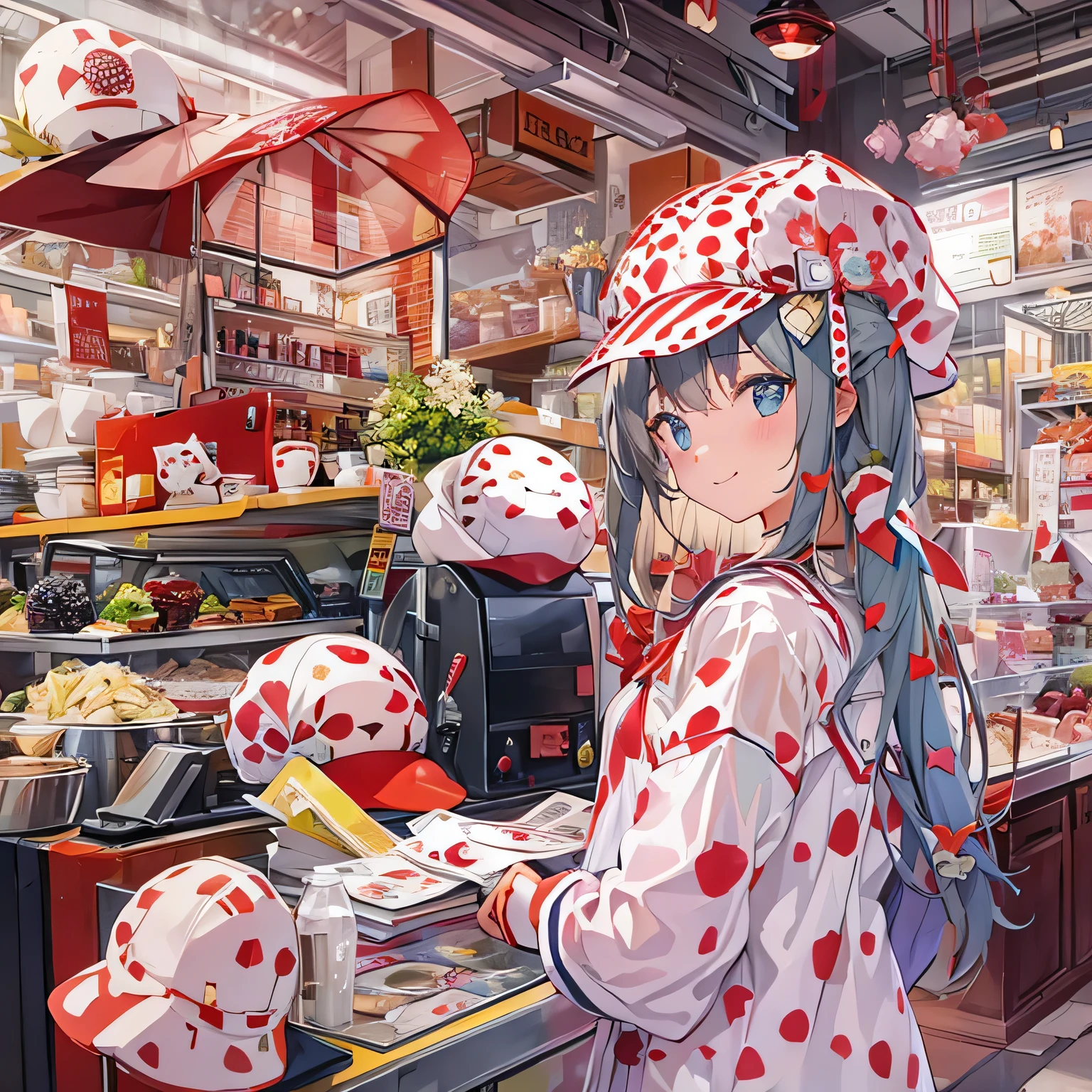 highest quality、 Super quality、 16k、 Very detailed、beautifully、aesthetic:1.2)、Red and white spotted pattern々A pretty 21-year-old girl working at a store selling stylish hats、Shy smile