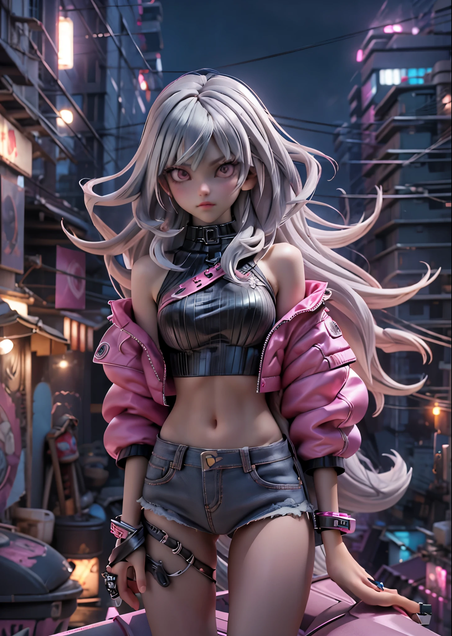 Wolf Girl、Silver long hair、Pink Cyberpunk Fashion、Gaze Here、Stand on the roof of a building、The cityscape below、Moonlit Night、moonlight、Perfect lighting、Sharp Focus、High definition、high resolution、High color rendering、High resolution、Ultra-realistic、photo realistic