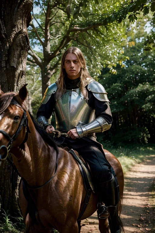 A medieval knight a man, Sir Edwin, riding through a dense Sherwood forest at dusk. He spots a hooded figure next to a large oak tree. The figure reveals herself to be a young woman with golden hair and green eyes.