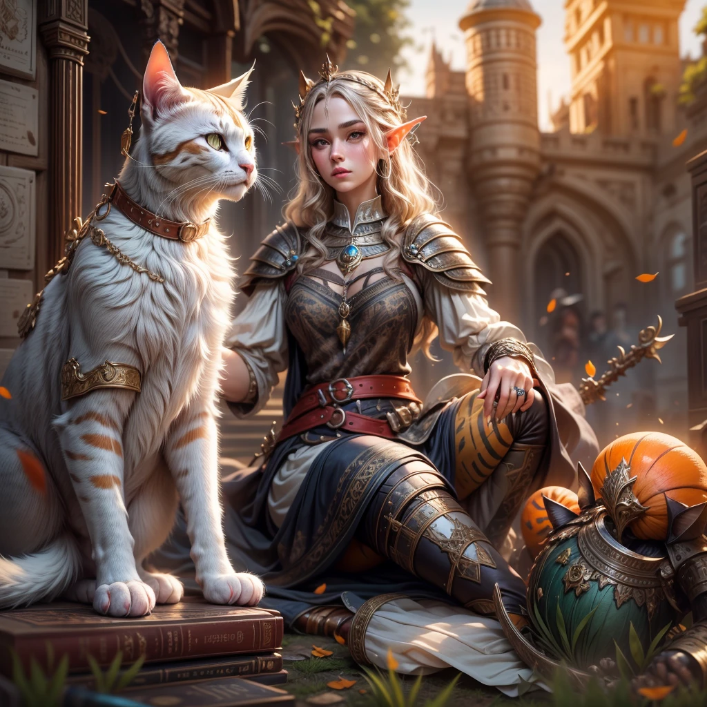 (one person with a cat) (hyperrealistic) (masterpiece) (4k) one adult female elf with dark blonde hair, forehead, wearing medieval clothes and silver armor playing with a big orange-white cat with orange-green eyes, medieval nature background, sword, books, medieval place, nature, elf with her pet, one elf and one cat, old medieval