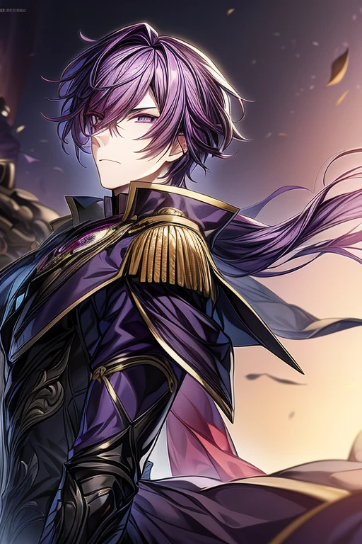 (masterpiece, best quality, perfect face, expressive eyes), 1boy, (anime), (adult), purple eyes, medium purple hair, detailed black knight uniform, golden epaulettes, purple shoulder cape, purple flower lapel, intricate details,