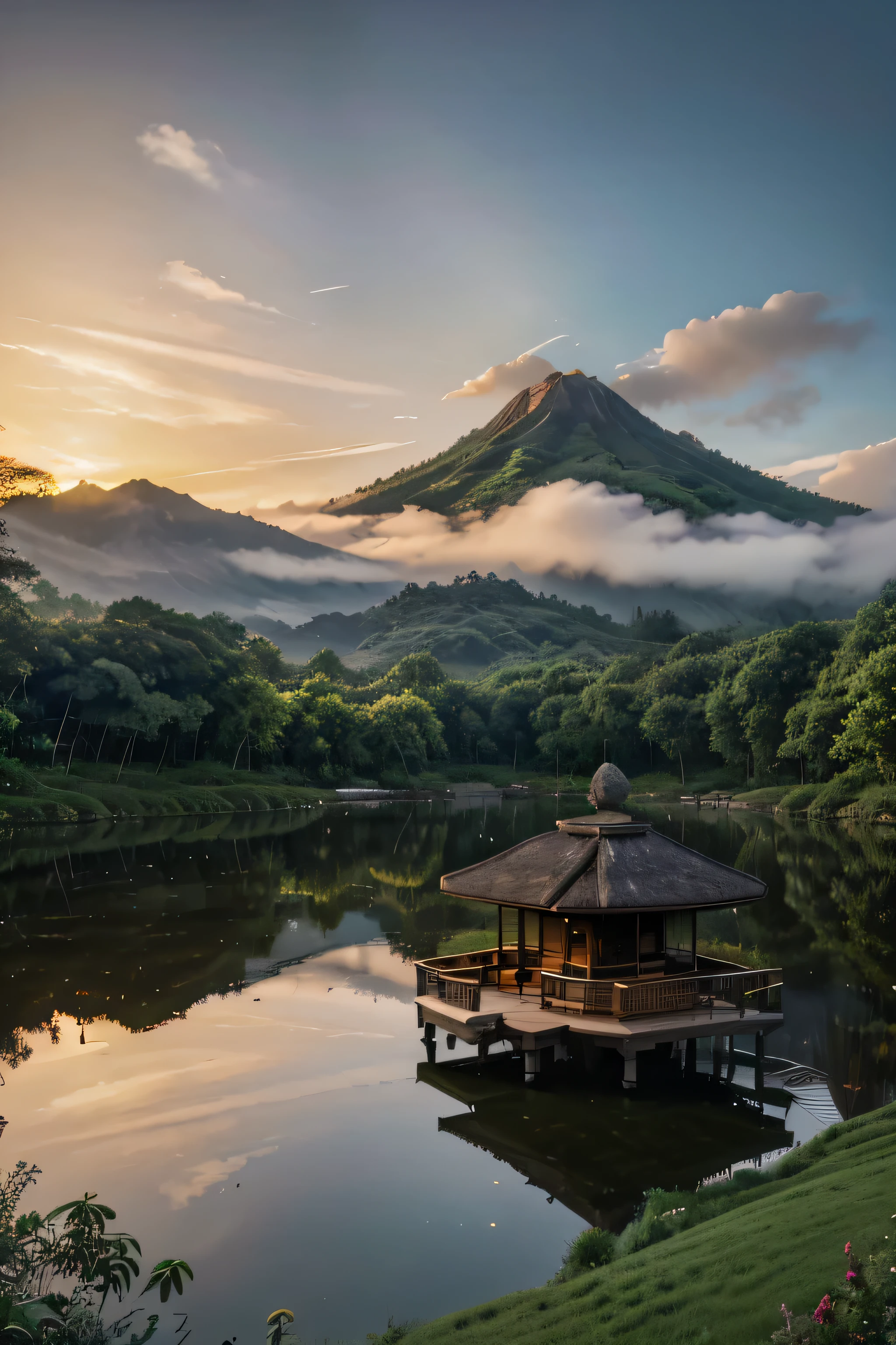 a luxury concept modern wooden building stone base , pond , mountain in back in Indonesia surrounded by lush greenery under a cloud with sunset near dark, fancy sky and harmony with nature ,and landscaping around the lake, in ultra HD resolution ( model Vector expert)