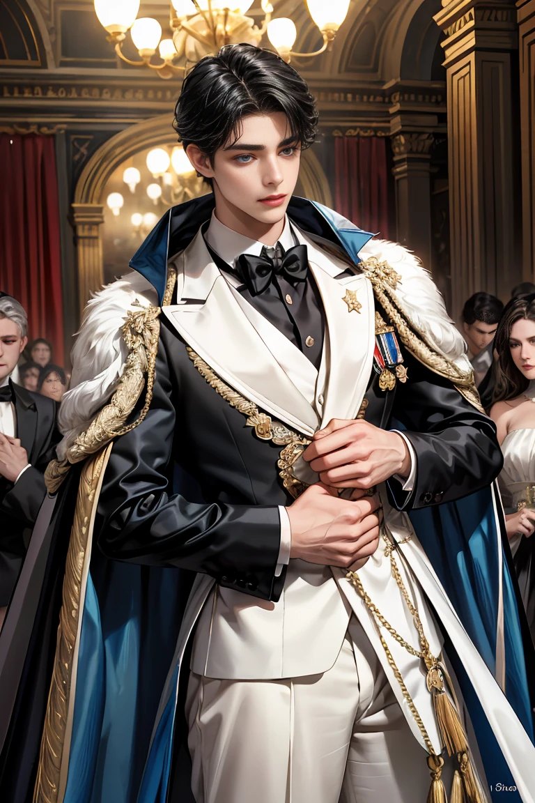 masterpiece, 最high quality, high quality, 1 boy, alone, Male focus, Watching the audience, Messy black hair, Adorable big blue eyes, White, Noble, Noble,Sexy voluminous cape、Tuxedo、A very voluminous, large, very large, very large, long, long red and black cape with a high stand-up collar, reaching down to the floor, made of a lot of fabric., ,Cute beautiful boys,Cute, cute, kind, handsome guy