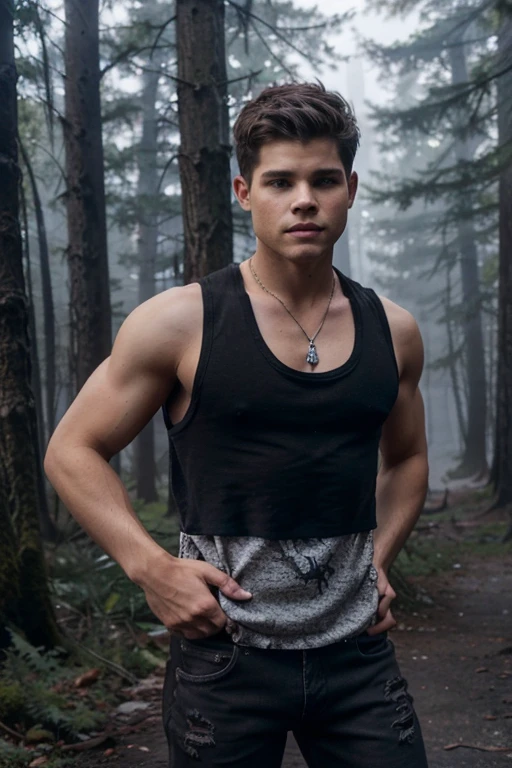 Charlie Carver, Max Carver, Teen Wolf, 18 years old, short messy blonde brown hair, brown eyes, gray tank top, sleeveless dark gray jean jacket with wolf print, dark black jean pants, black combat boots . silver pendant, white wolf print. Forest background with fog aura around black color.