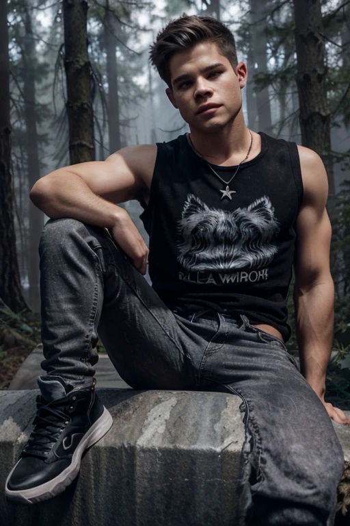 Charlie Carver, Max Carver, Teen Wolf, 18 years old, short messy blonde brown hair, brown eyes, gray tank top, sleeveless dark gray jean jacket with wolf print, dark black jean pants, black combat boots . silver pendant, white wolf print. Forest background with fog aura around black color.